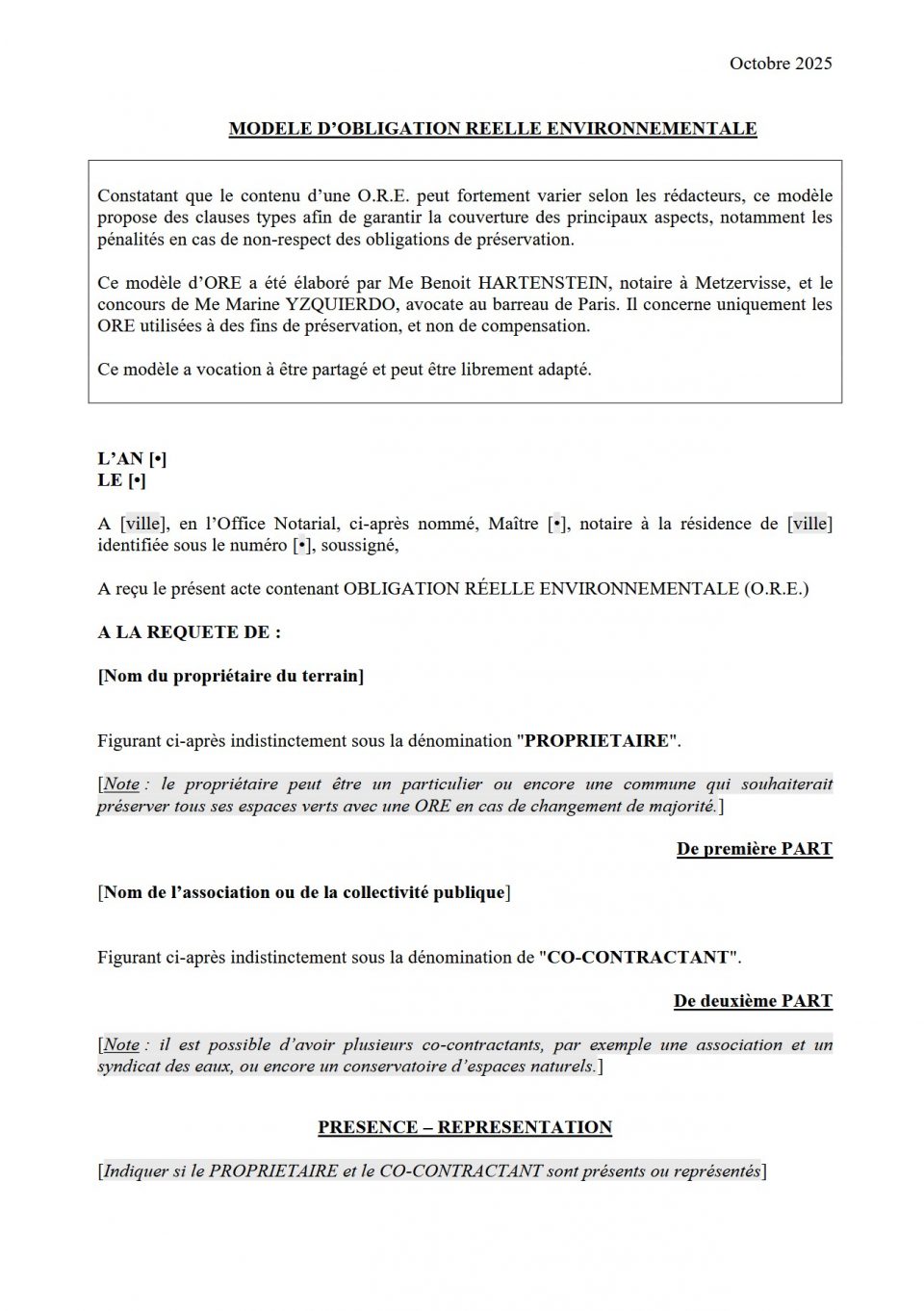 Modèle d'Obligation Réelle Environnementale (ORE)