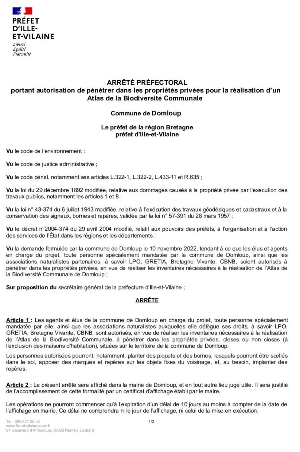 Arrêté préfectoral portant autorisation de pénétrer dans les propriétés privées pour la réalisation d'un Atlas de la Biodiversité Communale