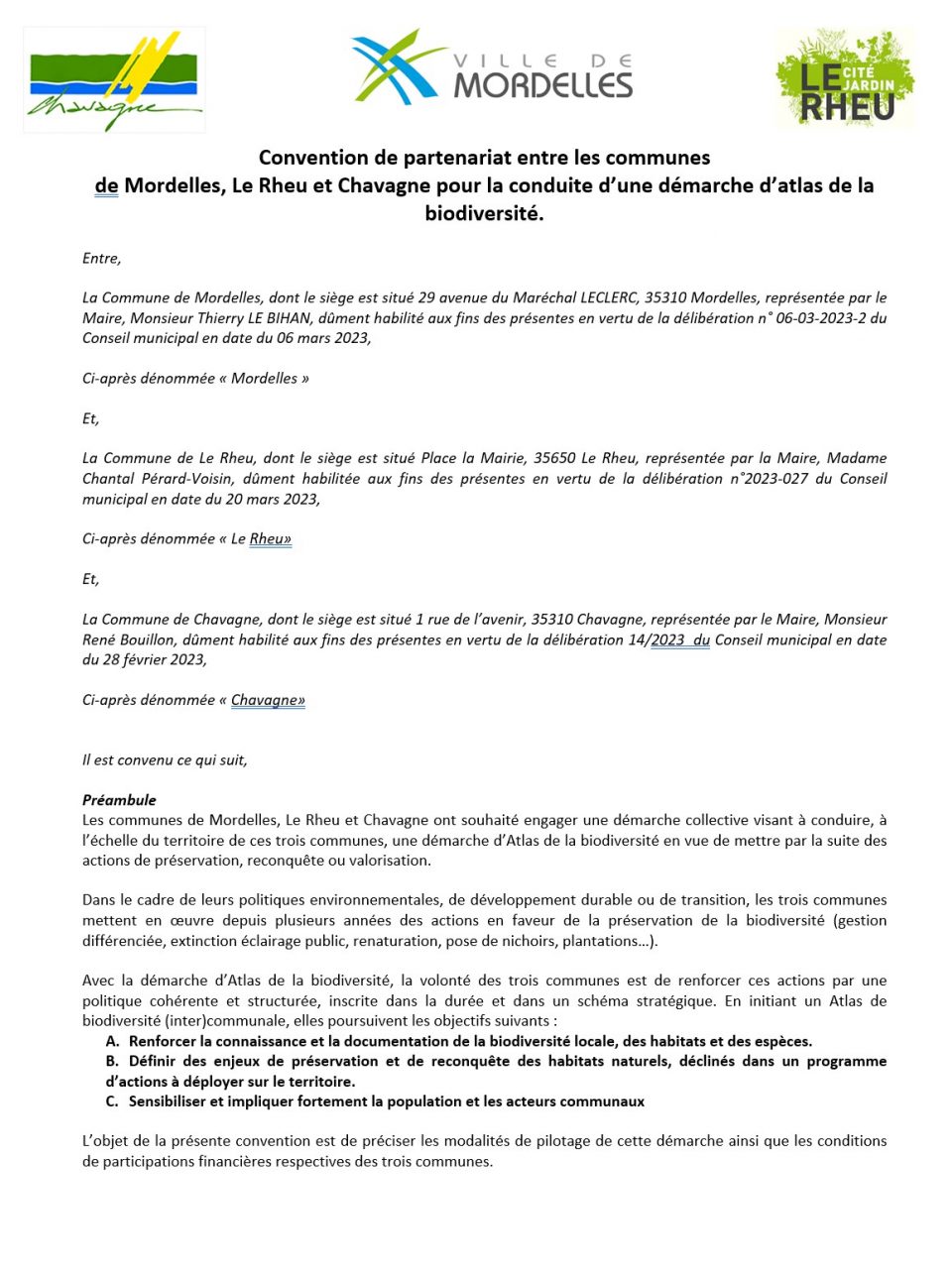 Convention de partenariat entre les communes de Mordelles, Le Rheu et Chavagne pour la conduite d’une démarche d’Atlas de la biodiversité