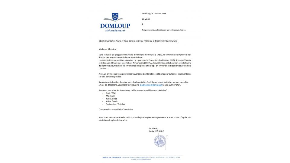 Courrier à destination des propriétaires de parcelles concernées par des inventaires naturalistes